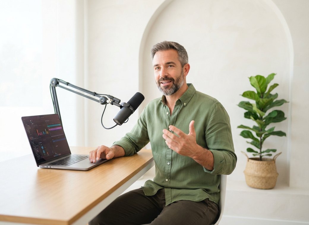 Ponente grabando un webinar con micrófono y portátil sobre la mesa