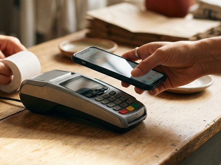 Cliente pagando con el móvil en el datáfono de un pequeño comercio
