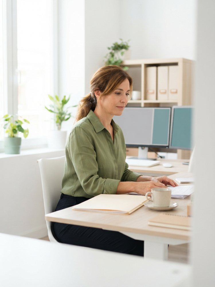 Asesora fiscal trabajando en su despacho con dos monitores