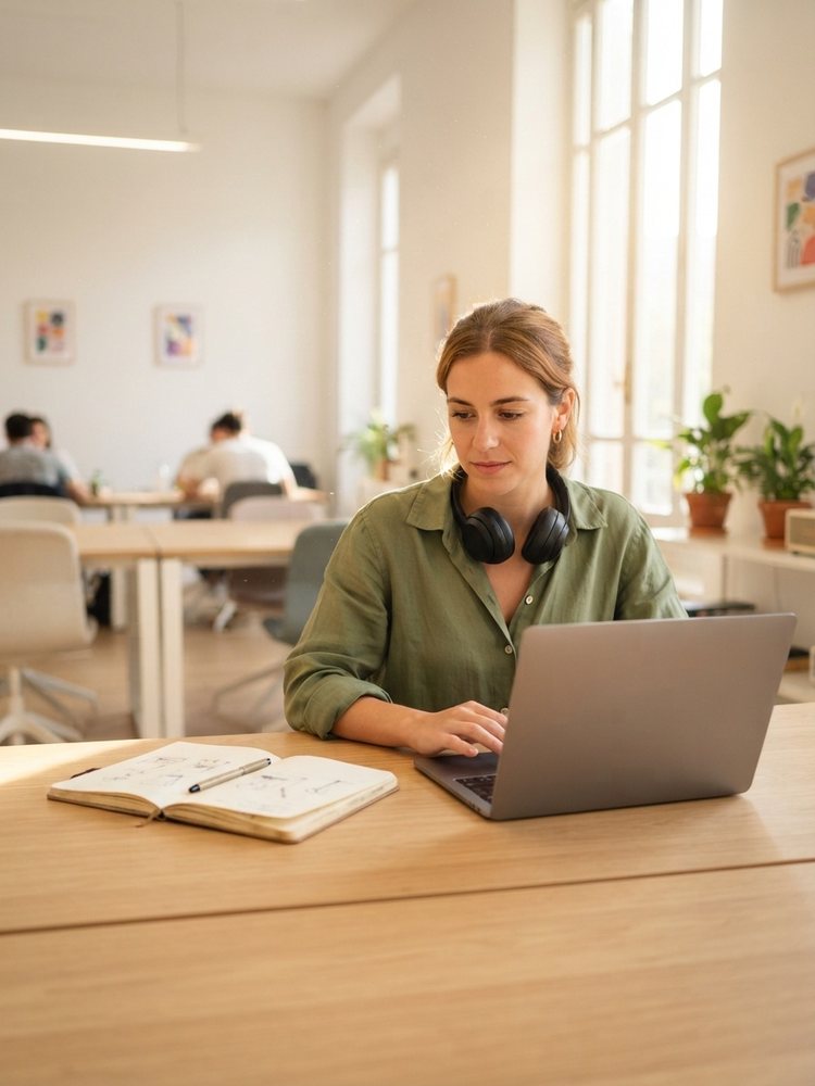 Diseñadora autónoma trabajando con su portátil y su cuaderno en un coworking