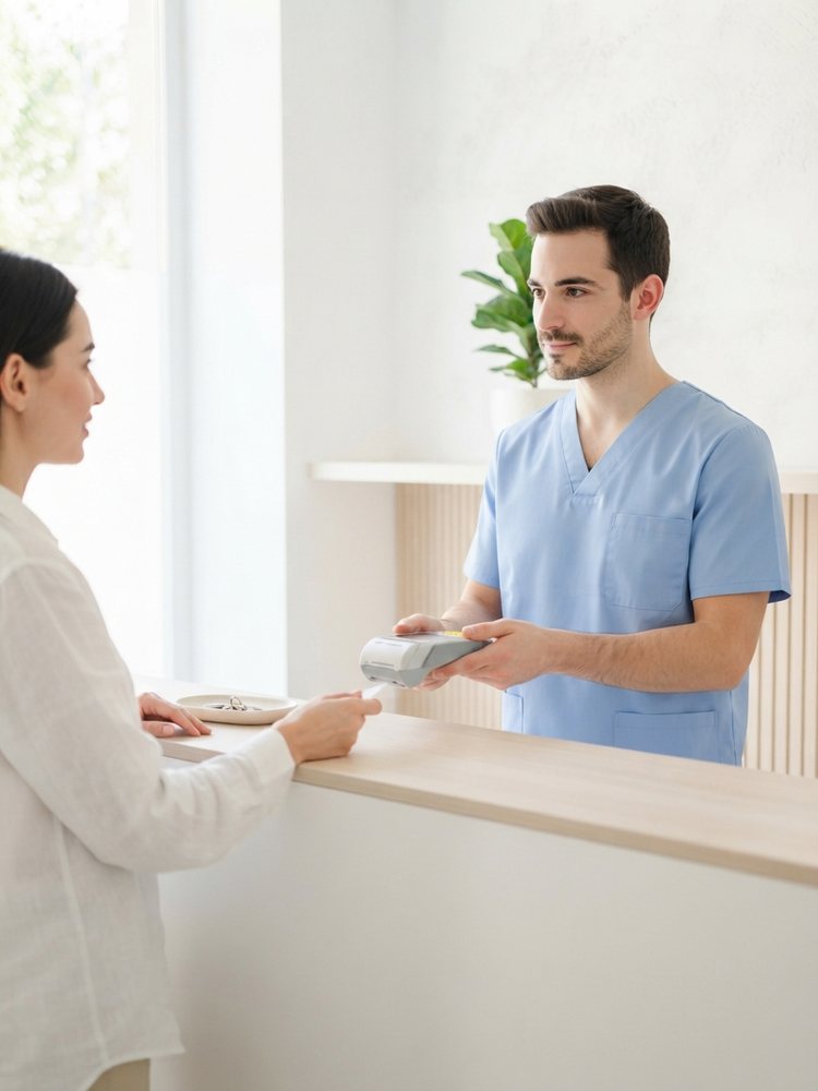 Recepcionista de una clínica dental cobrando con datáfono a una paciente