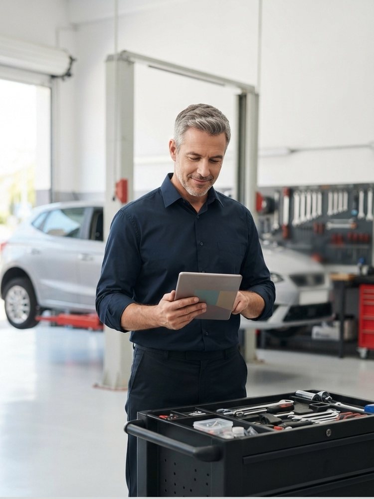 Dueño de un taller mecánico consultando una tablet junto al carro de herramientas