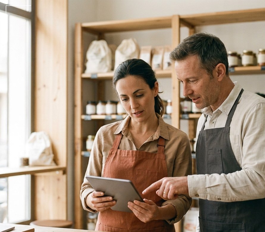Dos socios de una tienda de alimentación consultando una tablet tras el mostrador
