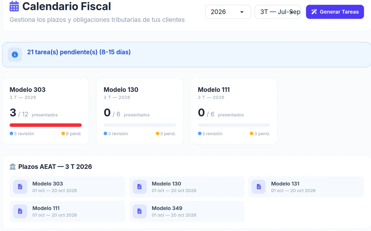 Calendario fiscal del tercer trimestre con el avance de los modelos 303, 130 y 111 y los plazos de la AEAT